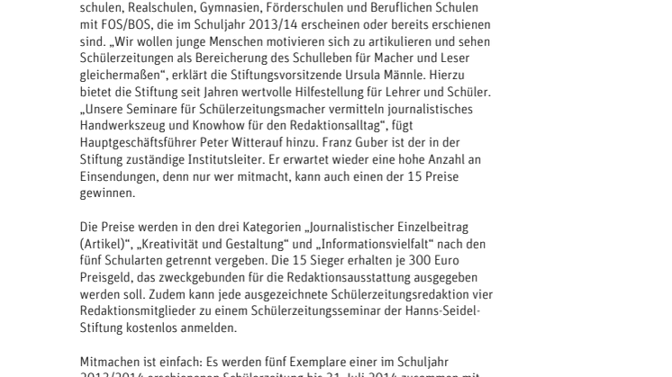 Ausschreibung Schülerzeitungspreis DIE RAUTE  Hanns-Seidel-Stiftung verleiht Preise – Einsendeschluss 31. Juli 2014