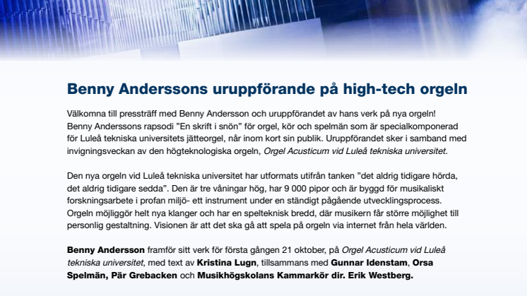 Benny Anderssons uruppförande på high-tech orgeln - Pressinbjudan 