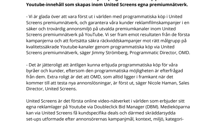 OMD först ut i världen att gå med kampanjer på United Screens premiumnätverk via programmatiska köp 