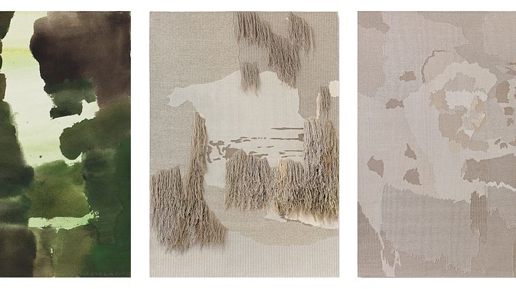 Andreas Eriksson, Utan titel, 2012, akvarell, 31x23 cm. Weissensee No.12, 2018–19, linne 238x140 cm. Weissensee No. 7, 2018, linne, 241x199 cm. ©Konstnären, Nordiska Akvarellmuseet
