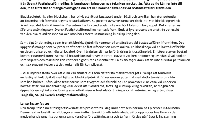 Svensk Fastighetsförmedling i unikt pilotprojekt: Nu genomförs Sveriges första fastighetsöverlåtelse med blockkedjeteknik