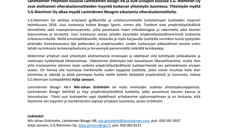 Lantmännen Bioagri AB:n ympäristöystävälliset viheraluelannoitteet myyntiin S.G.Nieminen Oy:lle