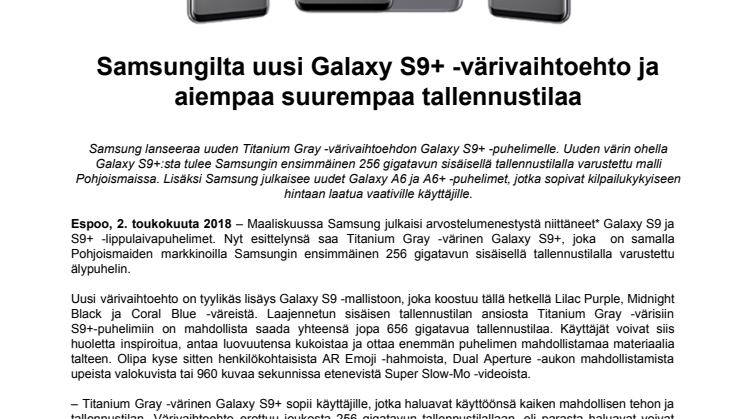 Samsungilta uusi Galaxy S9+ -värivaihtoehto ja aiempaa suurempaa tallennustilaa
