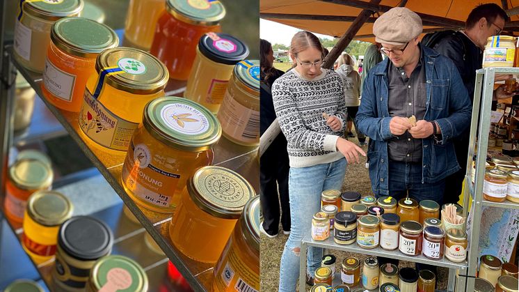 Biodlaren Linda Klintefjord provar honung med Felix Holmgren från Honungsriket.se. Foto: Anna Lind Lewin och Sanna Ohlander.