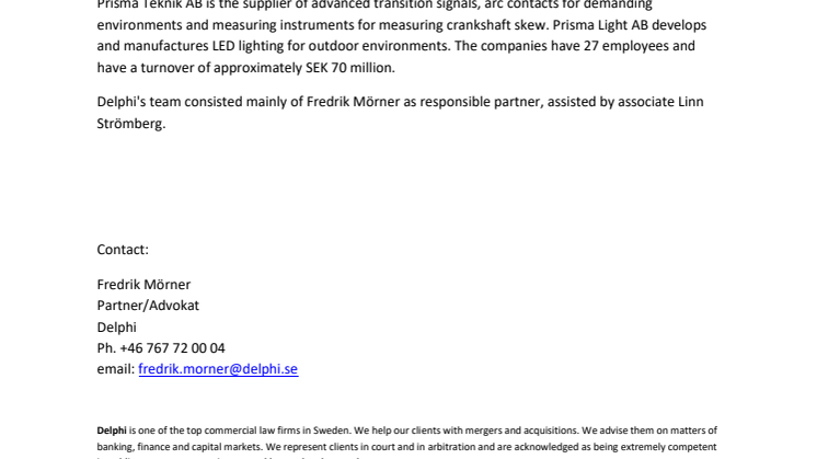 Delphi advisor to Addtech Nordic AB upon acquisition of Prisma Teknik AB and Prisma Light AB