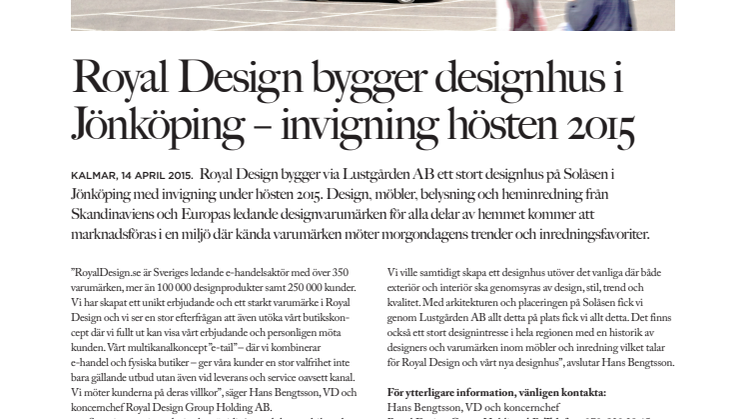 Royal Design bygger designhus i Jönköping – invigning hösten 2015
