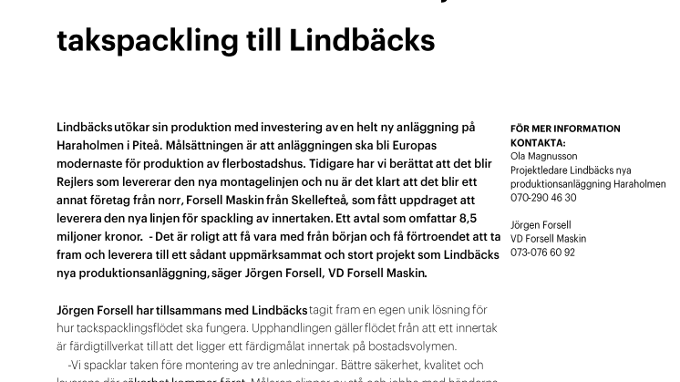 Forsell Maskin levererar linje för takspackling till Lindbäcks nya fabrik