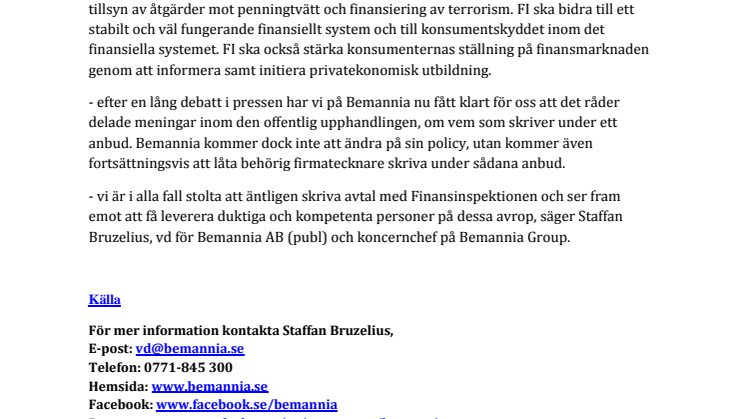 Bemannia skriver avtal med Finansinspektionen