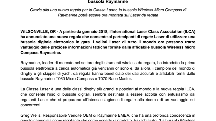 Raymarine: I partecipanti alle regate Laser sfrutteranno i vantaggi della eccezionale micro bussola Raymarine