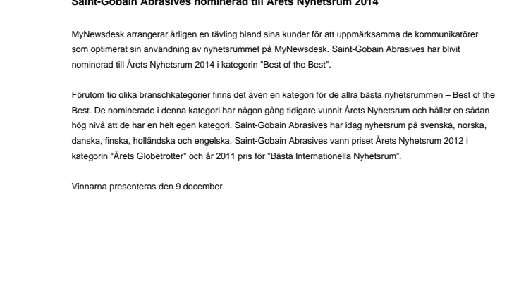Saint-Gobain Abrasives nominerad till Årets Nyhetsrum 2014