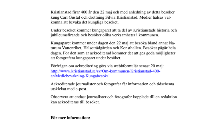Pressinbjudan: Kungligt besök i Kristianstad 22 maj
