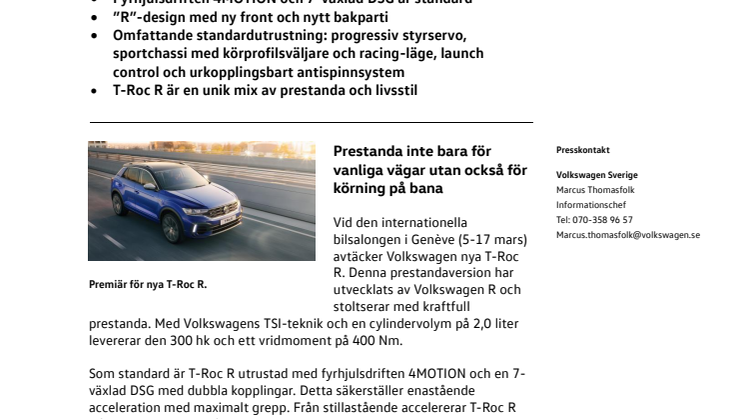 T-Roc R − premiär för prestandaversion av Volkswagens populära kompakt-SUV