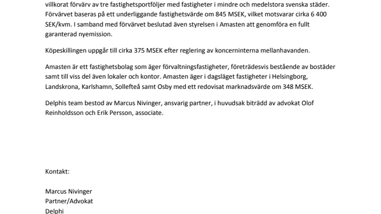Delphi rådgivare när Amasten Holding AB (publ) förvärvar tre fastighetsportföljer och genomför garanterad nyemission