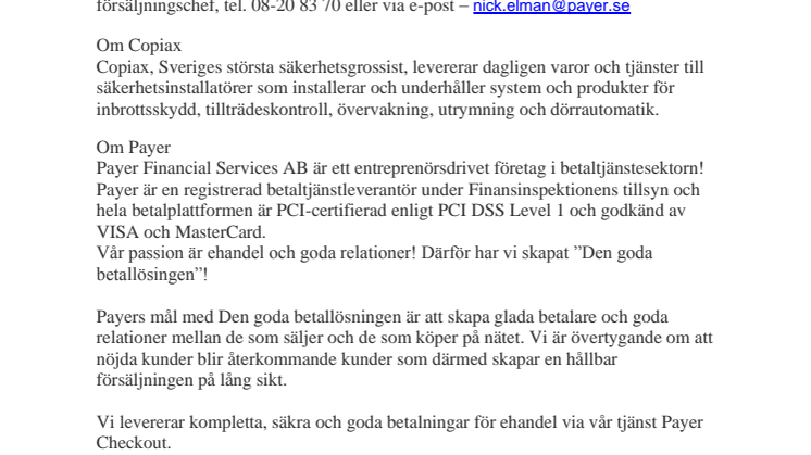 Copiax väljer betallösning från Payer