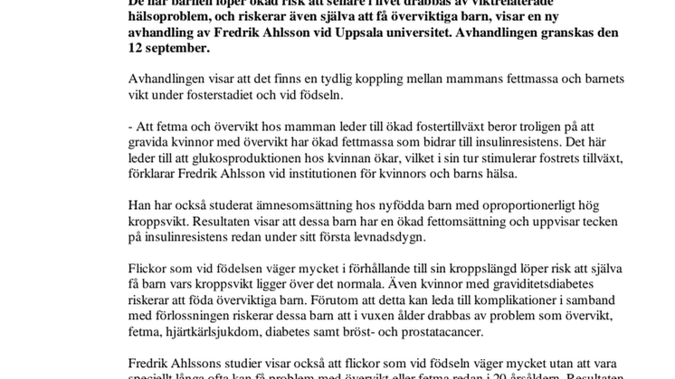 Hög födelsevikt ökar risken för hälsoproblem senare i livet