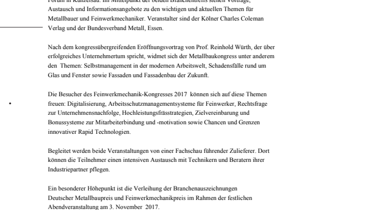 Metallbaukongress 2017 und Feinwerkmechanik-Kongress 2017 zu Gast im Carmen-Würth-Forum in Künzelsau