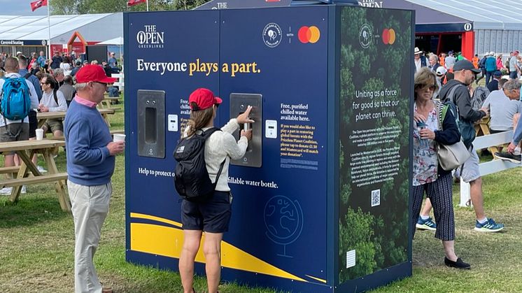 Bluewater sustainability-focused water stations will be hydrating fans, players and officials at five major championships in the UK and Ireland this summer (photo from 2021''s The Open)