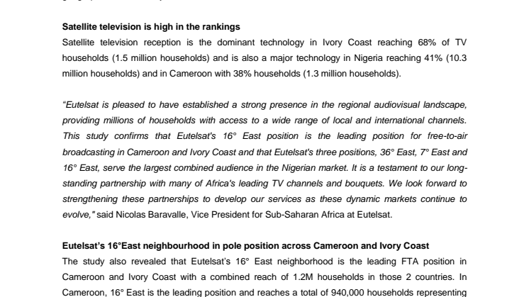 Comprehensive study of satellite television reception places Eutelsat as market leader across Nigeria, Cameroon and Ivory Coast