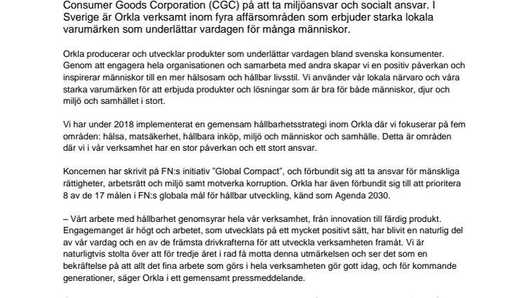Orkla bäst i branschen på hållbarhet enligt svenska konsumenter – för tredje året i rad