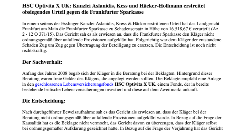 Rechtsanwälte Aslanidis, Kress und Häcker-Hollmann erstreiten obsiegendes Urteil gegen Frankfurter Sparkasse