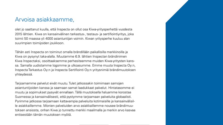 Inspecta on nyt Kiwa Inspecta -asiakastiedote