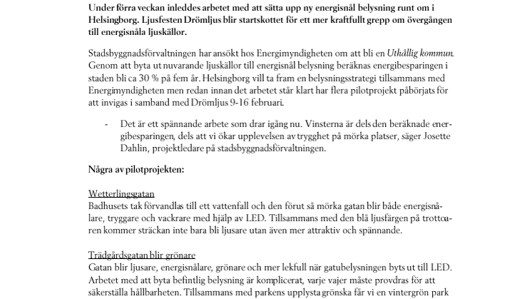 Ljusfesten Drömljus blir startskottet för energisnål belysning i hela Helsingborg