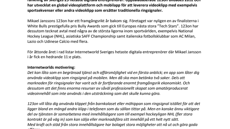 Internetworld utser Mikael Jansson på 123on till Sveriges 11:e hetaste digitala entreprenör