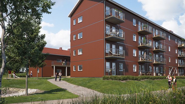 Illustration av det nya området BoKlok Älven i Kvissleby, Sundsvall. I förgrunden de högre fyravpningshusen och i bakgrunden de lägre tvåvåningshusen. 