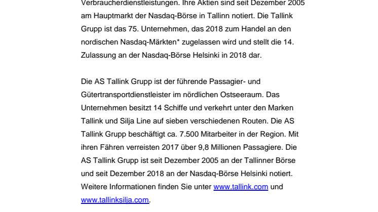 Nasdaq Helsinki begrüßt Tallink Grupp            