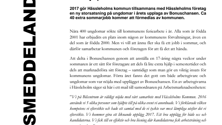 Hässleholms kommun samarbetar med företagen – fler ungdomar får sommarjobb med hjälp av Bonuschansen