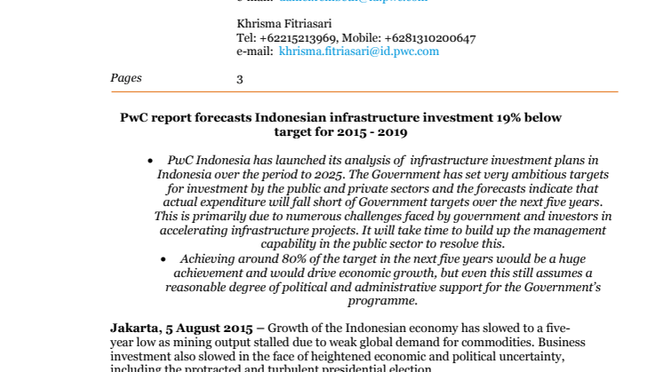 PwC report forecasts Indonesian infrastructure investment 19% below target for 2015 - 2019