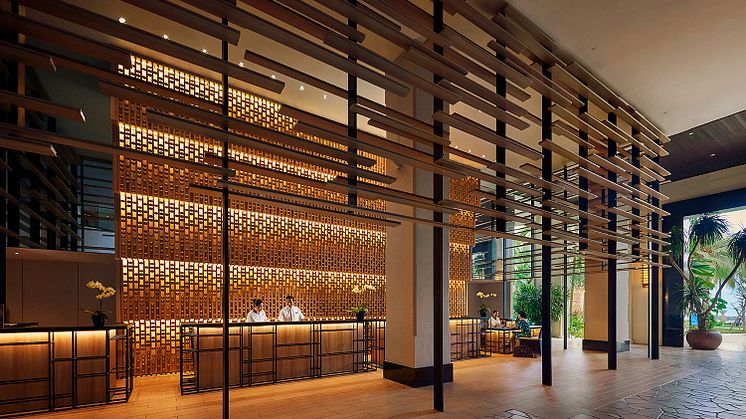 PARKROYAL Penang Resort’s reception features high ceilings and light-filled spaces