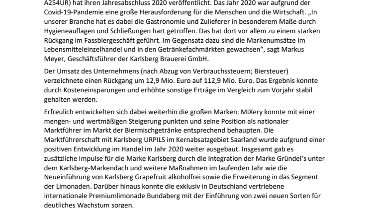 Presseinfo Jahresabschluss 2020 der Karlsberg Brauerei GmbH