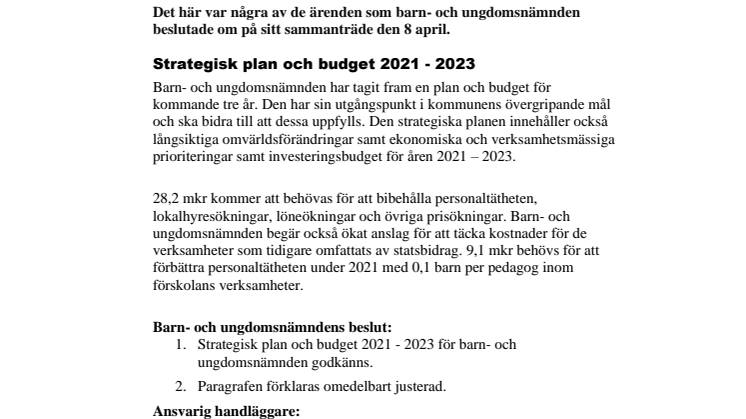 Barn- och ungdomsnämndens beslut i korthet 8 april