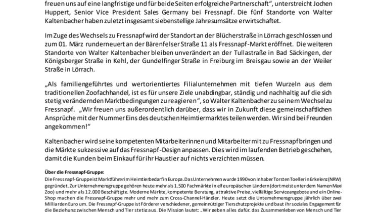 Neues Jahr, neuer Franchisepartner: Walter Kaltenbacher verstärkt die Fressnapf-Gruppe mit fünf Standorten in Baden-Württemberg