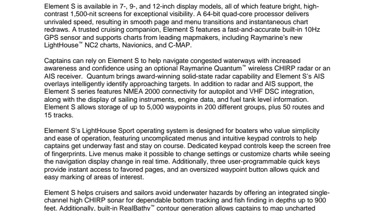 FLIR Introduces Raymarine Element S Navigation Displays