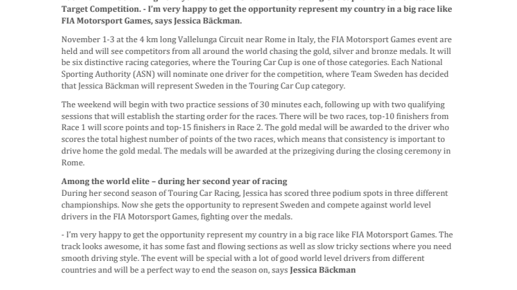 Jessica Bäckman will represent Sweden in FIA Motorsport Games
