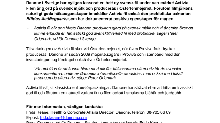 Danone lanserar Activia Fil - tillverkad av svensk mjölk i Österlenmejeriet