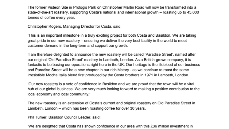 Costa Managing Director kicks off construction of Basildon roastery