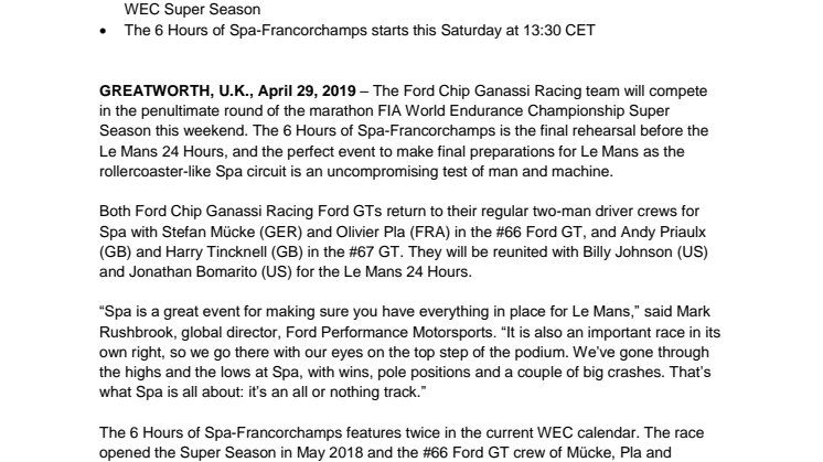 Ford Positive Ahead of Traditional Le Mans Warm-Up at Spa