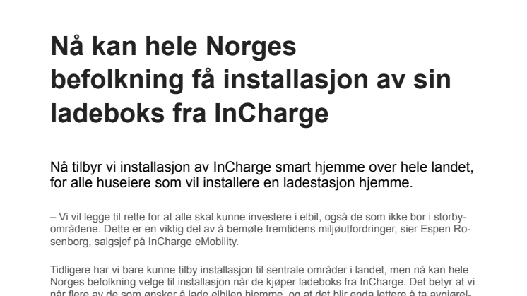 Nå kan hele Norges befolkning få installasjon av sin ladeboks fra InCharge 