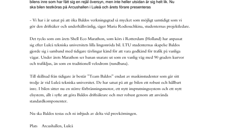 Ny förare testkör LTU-studenternas röda Baldosbil