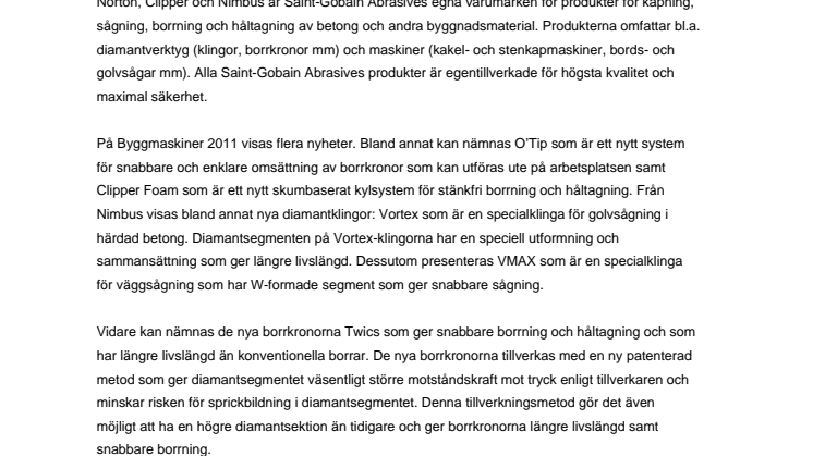 Många nyheter från Saint-Gobain Abrasives på Byggmaskiner 2011