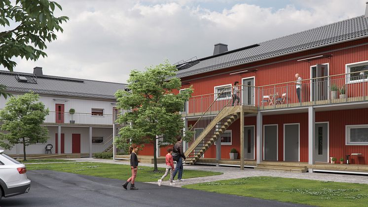 Illustration av entrésida med loftgångar, lägenheterna i BoKlok Växtriket.