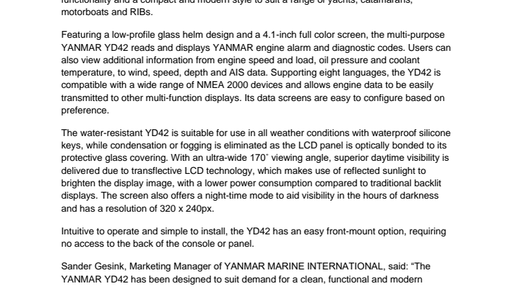 YANMAR Introduces New Generation Electronics – YD42 Multi-Function Color Display and  YD25 LCD Switch Panel Display