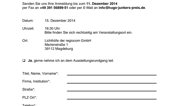 Anmeldefax zur Finalisten-Präsentation