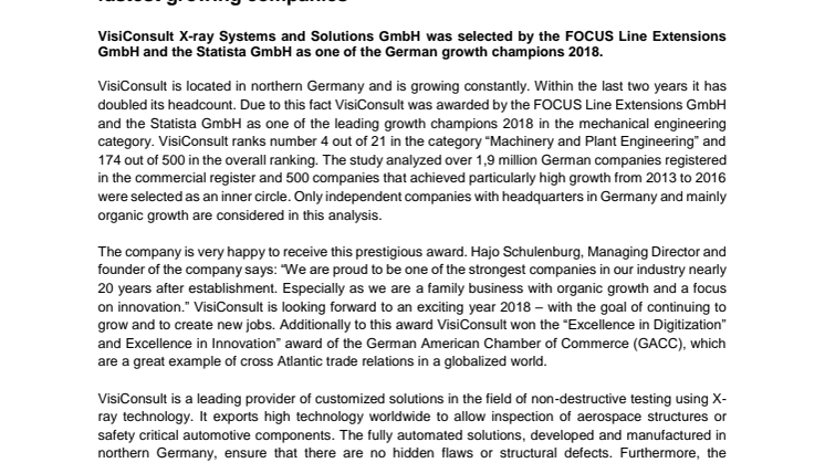 VisiConsult achieves fourth place in the ranking of Germanies fastest growing companies 