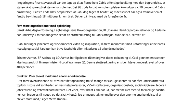 Finansloven sikrer fortsat drift af Cabi