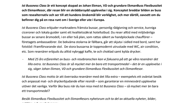 EkmanBuss Flexibussitet och EkmanResor presenterar ett nytt sätt att resa  – 1st Bussness Class 