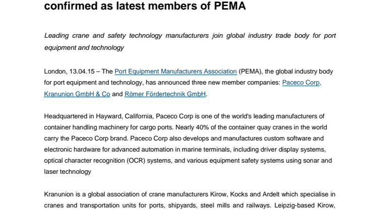 Kranunion, Paceco Corp and Römer Fördertechnik confirmed as latest members of PEMA